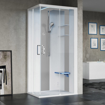 Душевая кабина Novellini Skill A 1000х800х2175, правая, Essential, поддон 125, смес термос, стенки бел глянц, вставки Light grey, стекло прозр, SKIA109DT1F-1AN1
