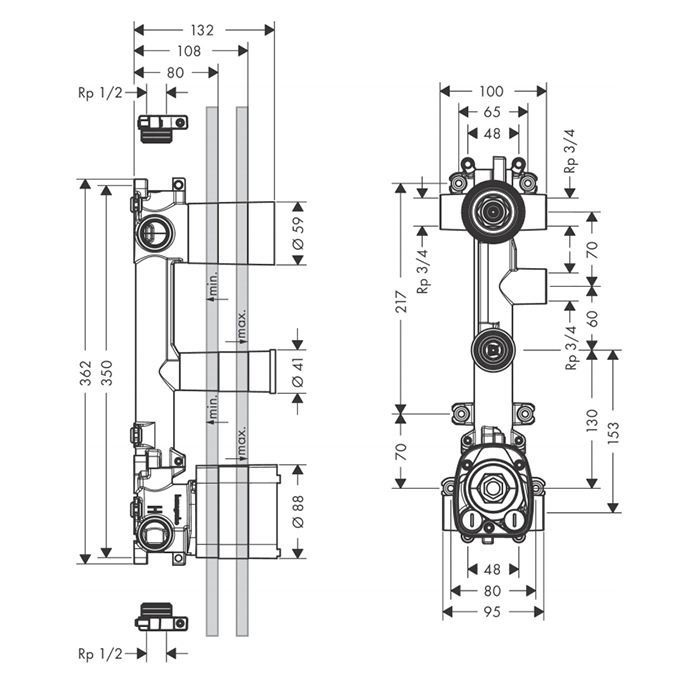Axor ShowerSelect Скрытая часть для термостата 38x12 c 3 розетками, для 3 потреб. 36708180