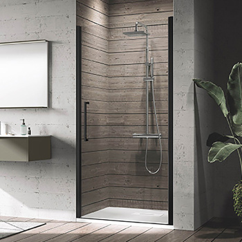 Дверь для душа Novellini Young 780-820х2000, распашная, одностворчатая, реверсивная, открывание внутрь и наружу, профиль черный мат, стекло прозр, Y21B77-1H