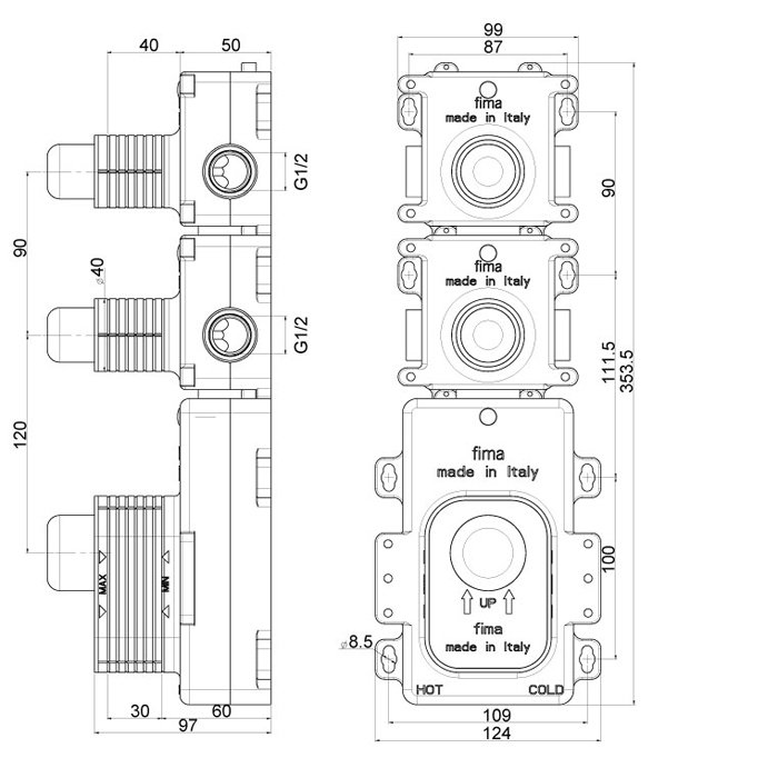 Внутренняя часть встраиваемого термостатического смесителя для душа Fima Carlo Frattini 2 источника F2462