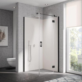 Дверь для угла Kermi Liga c неп.частью 860-885х2000, петли справа, Schwarz Soft+прозрачное стекло+Kermiclean, LI SNR 09020 3PK