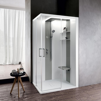 Душевая кабина Novellini Skill A 1200х1000х2175, правая, Essential, поддон 125, смес термос, стенки бел глянц, вставки Light grey, стекло проз, SKIA219DT1F-1AN1