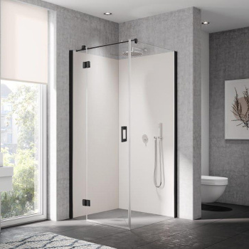 Дверь для угла Kermi Liga c неп.частью 960-985х2000, петли слева, Schwarz Soft+прозрачное стекло+Kermiclean, LI SNL 10020 3PK