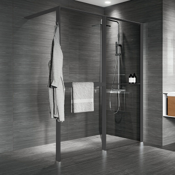 Душевое ограждение Novellini Kuadra Hwz1 1740-1770х2000, с свободным входом, правое, с полкой и полотенцедержателем, стекло прозрач, проф черн мат, KUADHWZPOS180D-1H