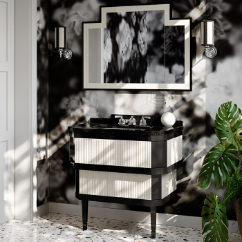 Тумба под раковину Devon&Devon Metropolitan DEEP BLACK 88,5 планками PURE WHITE столешница GRANITO NERO ASSOLUTO раковина SWINDON черная METPWLGRNSNE