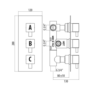 Термостатический встраиваемый смеситель для душа Gattoni Termostatici 3 рычага на 2 источника (внутренняя часть в комплекте), хром TS993/25C0cr