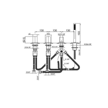 Смеситель на борт ванны Fantini Venezia In на 2 источника, 4 отв., с ручн душем, без излива, Matt Copper PVD 29 P9 N567S