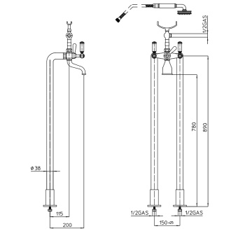 Bossini Liberty Смеситель для ванны, напольный, высота 89см, цвет: античная бронза L00130.022