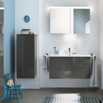 Burgbad Essento База подвесная с керам. умыв.93х49.5х51.5см. 2 выдв ящика, вкл сифон, с 1 отв для смес. цвет: серый высоглянц F1759,без ручек, с зеркальным шкафом  SEEX094K0427