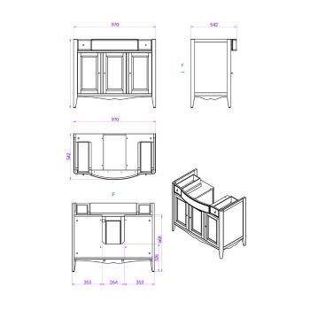 Тумба с раковиной Tw Veronica Simas AR874bix1 105x56, с 1отв., 2 верх.ящ. 3 распашные дверки, доводч. Blum, ручки Riflesso бронза, vintage VER5105-V+AR874bi*1 комплект