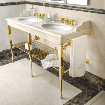 3SC Consolle Консоль Regale Double 163х60хh77см, с 2 раковинами, сифонами, полочкой и полотенцедердателями, напольный, цвет: золото 24к. Lucido RE30150-2GD