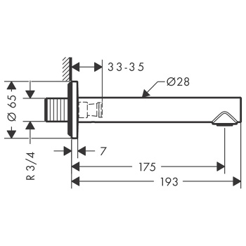 Axor Uno Излив для ванны, 175мм, настенный, ¾’, цвет: шлифованный никель 45410820