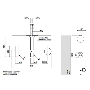 Верхний душ Antonio Lupi Apollo 45, с LED подсветкой, потолочный монтаж, с 2 изливами, черный матовый А0002462658