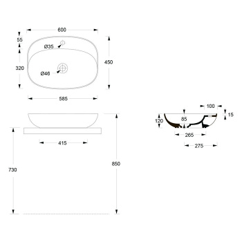 Раковина накладная Alice Form Oval 60x45хВ12 Plan, с отверстием под смеситель, белый матовый, 22460109