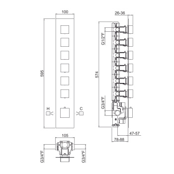 Внешняя часть вертикальная для термостатического смесителя Carimali Ilquadro с 6-ю независимыми выходами хром 21060EST-CR