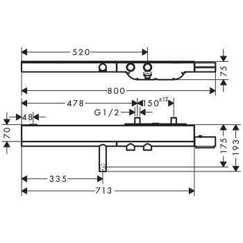 Axor Showers Настенный термостат для ванны, с полкой 713х70мм, 2 потреб., цвет: шлифованный никель 4