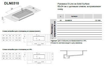 Раковина Brenta D-Line 65х34 см из композита Solid Surface встраиваемая снизу с щелевым сливом DLN0310