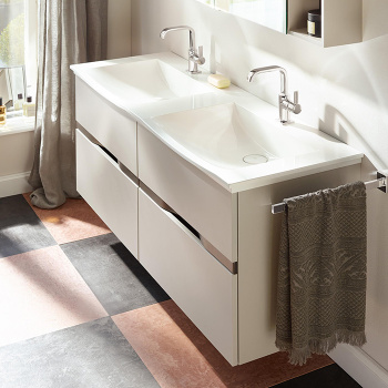 BURGBAD Orell База подвесная с 2-м умыв.из мин. литья 143х50х64см.4 выдв ящ., вкл сифон,1 отв под смес., цвет: белый матовый F1697, ручка G0138 с зеркальным шкафом SPGI140K0045T0012