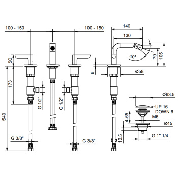 Смеситель для биде Fantini Icona Deco 3 отв., с донным клапаном, хром 53 02 R108