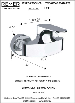 Смеситель для душа Remer Class Line  настенный м/о100мм хром LC31