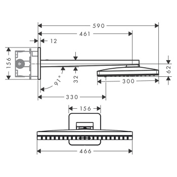 Axor ShowerSolutions Верхний душ 460 х 300мм, 2jet, с настенным держателем 460мм (скругл. края розет