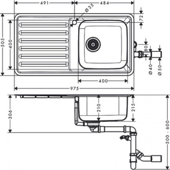 Мойка, Hansgrohe, S51, шг 975*505, нержавеющая сталь