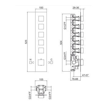 Внешняя часть вертикальная для термостатического смесителя Carimali Ilquadro с 5-ю независимыми выходами хром 21050EST-CR
