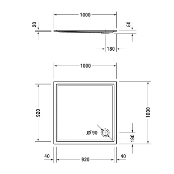 Duravit  Starck Slimline Поддон акриловый квадратный  1000x1000х50mm, d90, цвет белый