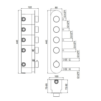 Внешняя часть вертикальная термостатического смесителя Carimali Iltondo с 4 запорными вентилями хром 21047EST/A-CR