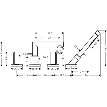 Axor Uno Смеситель на борт ванны, на 4 отв., с ручным душем, Zero, цвет: шлифованная медь 45444950