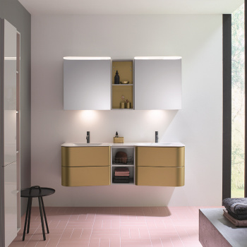 BurgBad Badu База подвесная с двойным умыв. из минер литья 152х51х49.2см, 4 ящика, 1полка, 2 отв под смеситель, цвет: серый/глянец/Gold SFUJ152K0521T0015C001*2