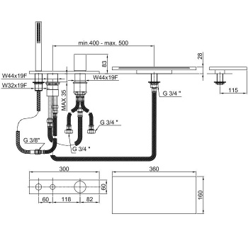 Смеситель на борт ванны Fantini Milano на 4 отв, с ручн.душем, излив 115, матовая натуральная сталь 31 93 3065