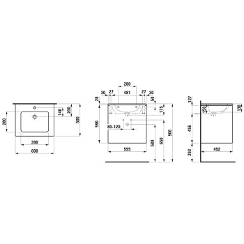 Laufen Pro S Комплект: шкафчик под раковину 600х500х610 мм., с раковиной Slim 600, подвесной, 2 ящика, включая органайзер, цвет белый матовый