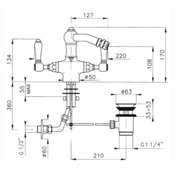Смеситель для биде Nicolazzi El Capitan с 2мя ручками, на 1 отв., с донным клапаном, излив 127мм, bronze plated 1434BZ69