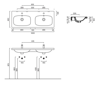 Раковина 120×46 Catalano Alvea c 2 отверстиями Bianco lucido 0621222001