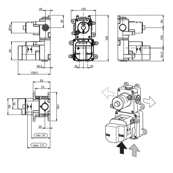 Внутренняя часть термостата Almar на 4 потребителя, 2 девиатора, E176504
