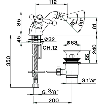 Смеситель для биде Cisal Arcana America двухвентильный, на 1 отверстие с донным клапаном, бронза AA00055027