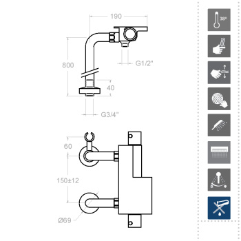 Смеситель для ванны Ramonsoler Arola напольный термостатический с душевым комплектом 2635MK