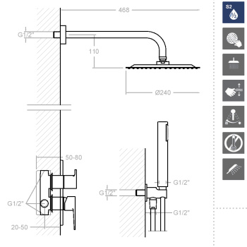 Смеситель для душа Ramonsoler Titanium встраиваемый с тропическим и ручным душем K1815021