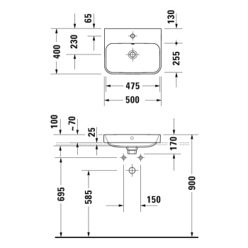Duravit Happy D.2 Plus Раковина 500х400мм с переливом, без отв под смес, с креплением,  выпуск с керам. покрытием цвет белый