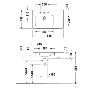 Duravit ME by Starck Раковина подвесная с переливом, с полкой справа,  отв под смес, 83х49см, цвет: белый (со склада продаем с тумбой LC629102222)