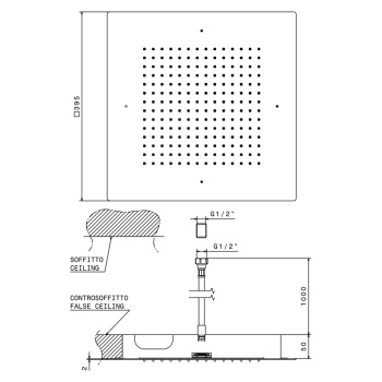 Верхний душ Newform Soffioni 400х400, квадрат, монтаж в потолок, 1 источник, G1/2, хром 683.21.018