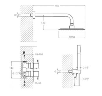 Смеситель для душа Ramonsoler Odisea встраиваемый термостатический на 2 выхода с тропическим и ручным душем K3987021OC