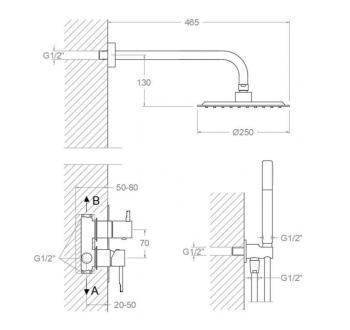 Смеситель для душа Ramonsoler Odisea встраиваемый на 2 выхода с тропическим и ручным душем K3915121