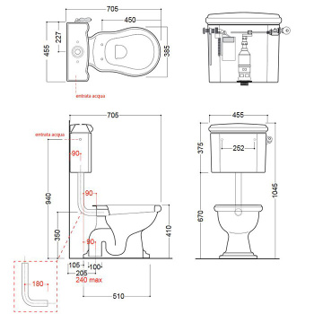 Бачок подвесной Kerasan Retro 108204 nero для низкой трубы, для унитаза 1011/1010, без трубы и механизма слива, черный глянец