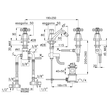 Смеситель для биде Stella Eccelsa на 3 отверстия 3601TC, с донным клапаном, золото 24К EC 00202 AU00