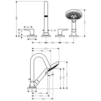 Axor Citterio M Смеситель на борт ванны, на 4 отв., с ручным душем, цвет: шлифованный никель 3444482