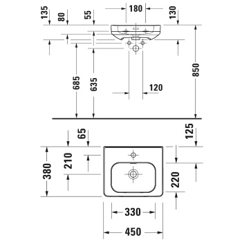 Duravit Soleil by Starck Раковина подвесная 450х380х130 мм,с 1 отв под смеситель, с переливом,  WonderGliss ,цвет белый