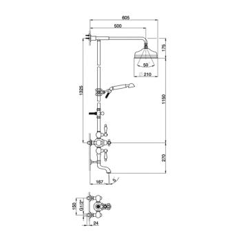 Термостатический смеситель для ванны Cisal Arcana Toscana с душевым комплектом и верхним душем, Vecchio Bronzo/белый TS00414027