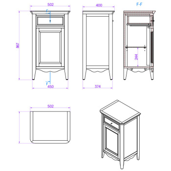 Тумба под раковину Tw Veronica 50.2/45x40/37.4xh86.7, 1 распашная дверка 1 выдвижной ящик, доводчики Blum, петли слева-SX,, noce, ручки riflesso бронза VER2150S-N